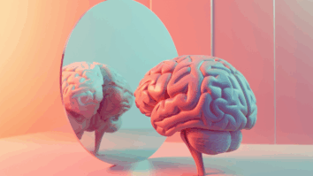 Imagem abstrata gerada pro IA de um cérebro refletindo em um espelho, simbolizando o autoconhecimento e como os pensamentos moldam a autoestima e a identidade pessoal.