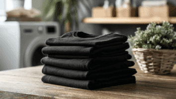 Camsietas pretas dobradas em cima de uma mesa em uma lavanderia