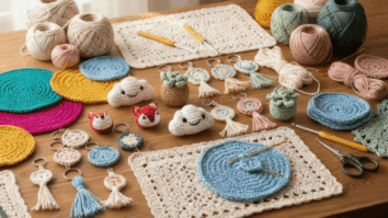 Peças pequenas de crochê sobre mesa de madeira clara, com chaveiros, sousplats coloridos, amigurumis e fios de algodão, representando ideias lucrativas e rápidas para vender em 2025.
