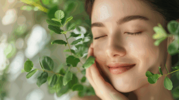 Imagem gerada pro IA de uma mulher com uma pele cuidada com um ramo de Centelha Asiática próximo ao rosto