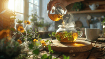 Mão de mulher preparando chá de passiflora em cozinha