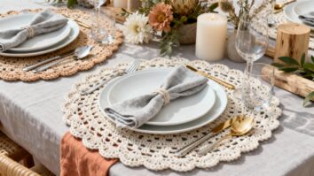 Mesa posta elegante com sousplats de crochê artesanal em tons neutros, transmitindo sofisticação, aconchego e estilo natural.