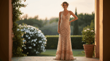 Mulher sorridente usando vestido social de crochê artesanal em ambiente iluminado por luz natural, transmitindo elegância e sofisticação artesanal.