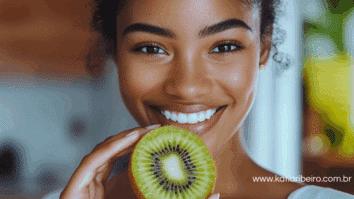 Mulher com um kiwi na mão, uma das frutas ricas de vitamina C que auxilia a produção de colágeno para a pele
