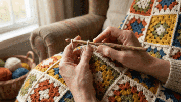 mãos fazendo squares de crochê