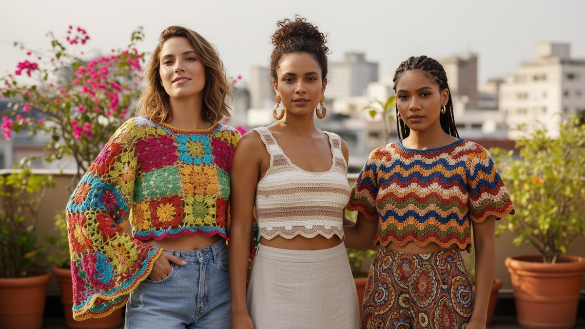 Três mulheres brasileiras diferentes usando croppeds de crochê finalizados em estilos, cores e designs distintos, em clima de verão urbano com luz natural difusa e fundo harmonioso destacando texturas e pontos do crochê.
