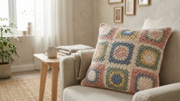 Almofada de crochê com granny squares multicolorida posicionada em sofá em ambiente aconchegante de sala.