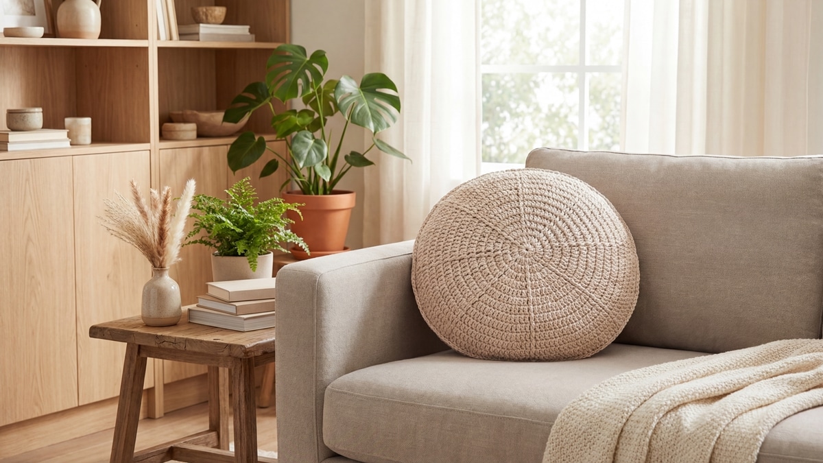 Almofada de crochê artesanal redonda bege sobre sofá neutro com manta leve, decoração minimalista com plantas e madeira clara em ambiente aconchegante.
