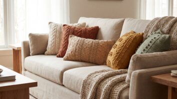 Almofadas de crochê coloridas dispostas em sofá neutro, ambiente aconchegante com luz natural e madeira clara