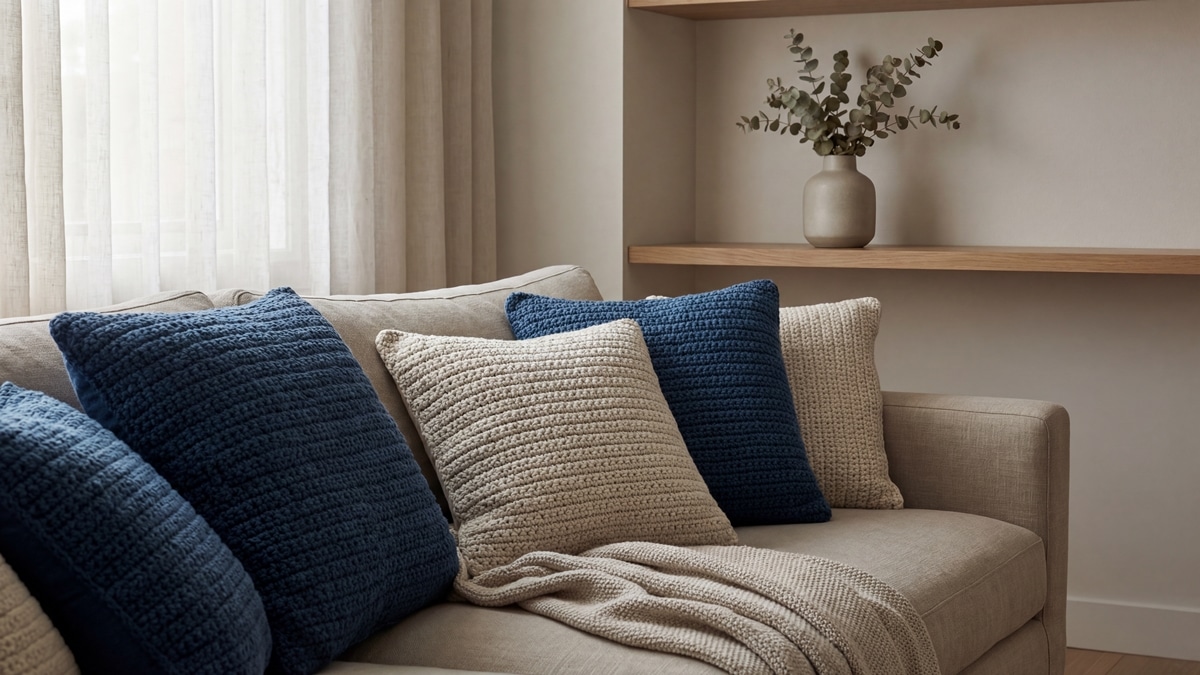 Almofadas artesanais de crochê em algodão azul, estilo elegante e acolhedor, posicionadas sobre sofá em tons neutros em salaá em tons neutros em sala de estar com manta discreta e elemento decorativo minimalista, luz natural difusa destacando a textura da trama.