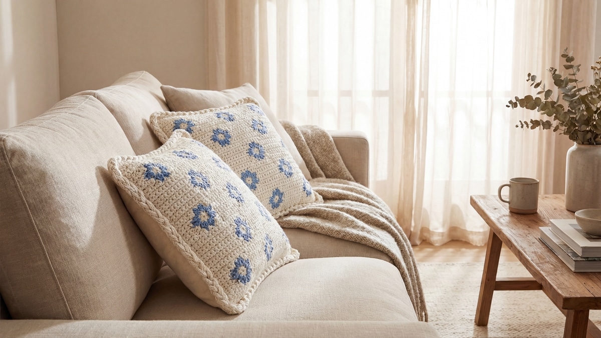 Almofadas de crochê artesanal em branco e azul repousando sobre sofá neutro em sala acolhedora, com luz natural difusa destacando a textura delicada e atmosfera confortável.