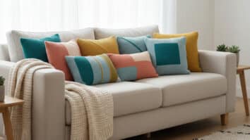 Sala de estar moderna com almofadas de crochê coloridas em padrões geométricos sobre sofá de linho claro, mesa lateral de madeira e iluminação natural