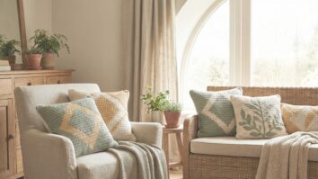 Almofadas de crochê com gráficos criativos em cores suaves posicionadas em sofá aconchegante.