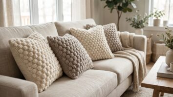 Almofadas em crochê com ponto puff em algodão cru com textura de bolinhas volumosas, posicionadas sobre sofá neutro em sala com luz natural.