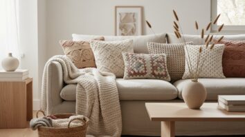 Sala de estar com sofá de linho claro decorado com almofadas de crochê artesanais em tons neutros e aconchegantes