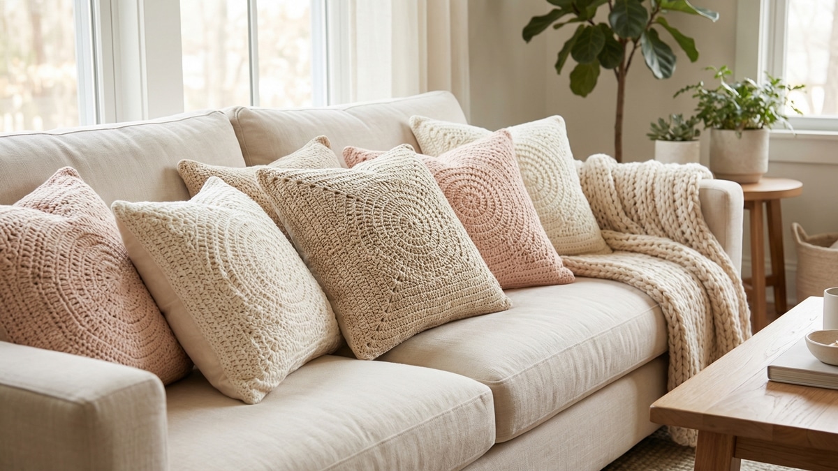 Almofadas de crochê artesanais em tons neutros sobre sofá em sala aconchegante com luz natural