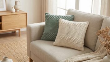 Almofadas de crochê verde em relevo sobre sofá em sala moderna com está em sala moderna com estilo boho-escandinavo