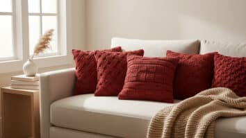 Almofadas de crochê estilosas em algodão vermelho elegante com tramas modernas e criativas, dispostas sobre sofá neutro em sala de estar aconchegante, acompanhadas de manta leve e mesa lateral minimalista, com luz natural difusa.