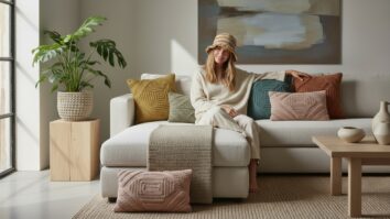 Mulher sorridente sentada em sofá bege usando bucket hat de crochê em ambiente contemporâneo decorado com almofadas texturizadas, cachepô artesanal e elementos de crochê em tons neutros e terrosos.