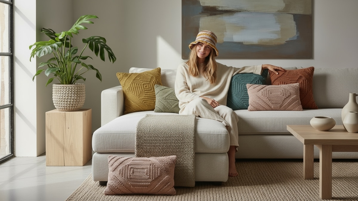 Mulher sorridente sentada em sofá bege usando bucket hat de crochê em ambiente contemporâneo decorado com almofadas texturizadas, cachepô artesanal e elementos de crochê em tons neutros e terrosos.