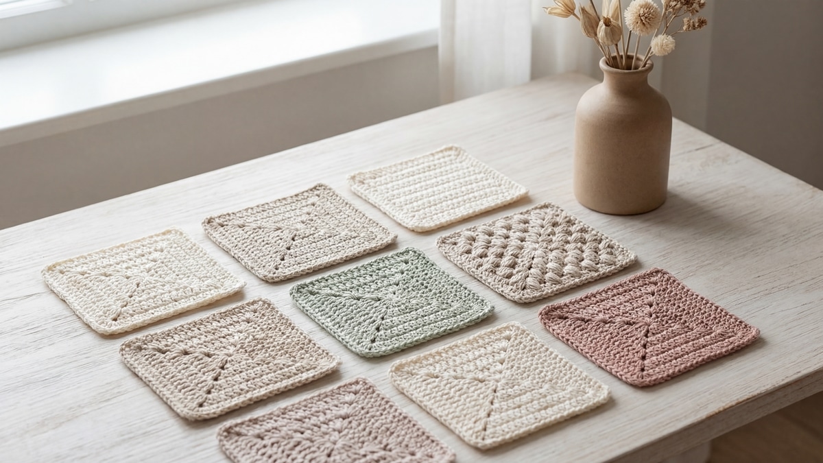 Amostras artesanais de crochê em algodão com cores diferentes exibindo pontos relaxantes (ponto baixo, ponto alto e trama delicada), bem bloqueadas em madeira clara com elemento decorativo neutro, luz natural difusa em composição completa sem recortes.