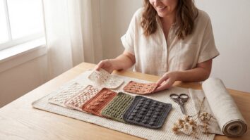 Mulher mostrando amostras de pontos de crochê em cores diferentes, ambiente minimalista com madeira clara e tesoura decorativa