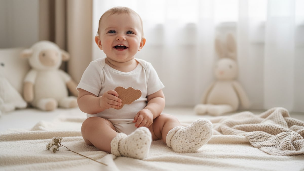 Bebê crochê infantil artesanal em algodão off-white delicado, rodeado por mantinha morna, flor seca e brinquedo de madeira minimalista, em quarto infantil aconchegante com luz natural difusa e fundo fofo divertido.