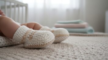 Bebê usando sapatinhos de crochê artesanal em fio de algodão penteado macio na cor cru com detalhe delicado em bege claro sobre manta neutra de crochê em ambiente infantil acolhedor com iluminação natural suave