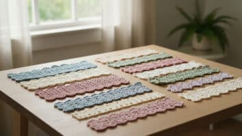 Mesa de ateliê com bicos de crochê em diferentes estilos e cores sobre superfície de madeira clara em ambiente aconchegante