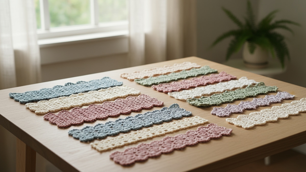 Mesa de ateliê com bicos de crochê em diferentes estilos e cores sobre superfície de madeira clara em ambiente aconchegante