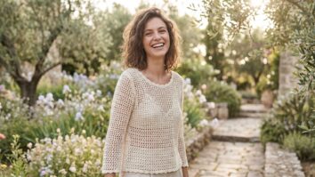 Mulher sorridente usando blusa de crochê artesanal em algodão cru, em ambiente urbano com fundo de jardim suave, luz natural destacando a textura delicada da peça.
