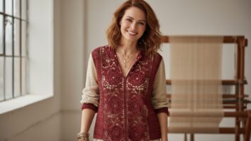 Mulher sorrindo usando blusa de crochê artesanal em tom vermelho escuro com padrão rendado filet floral no painel central e laterais lisas também em crochê vermelho, iluminada por luz natural difusa.