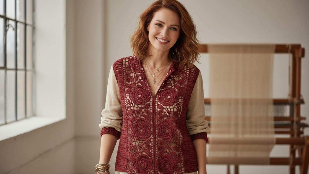 Mulher sorrindo usando blusa de crochê artesanal em tom vermelho escuro com padrão rendado filet floral no painel central e laterais lisas também em crochê vermelho, iluminada por luz natural difusa.