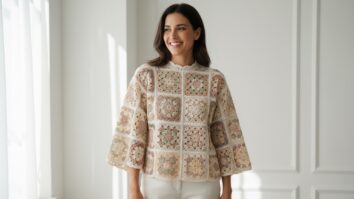 Mulher sorrindo usando blusa de crochê feita com squares artesanais em tons neutros e suaves, com design modular e tramas equilibradas em estilo boho urbano.