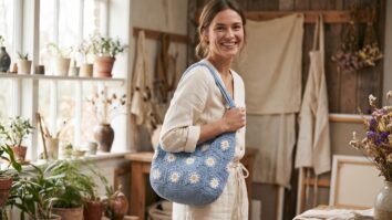 Mulher sorridente segurando bolsa de crochê artesanal em tons de azul e branco, feita em algodão, em ambiente editorial de moda com luz natural e atmosfera elegante.