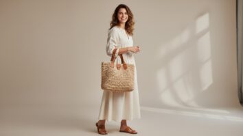 Mulher brasileira sorrindo usando bolsa de crochê artesanal em tons cru e caramelo com alças de couro natural e ferragens douradas, em ambiente com luz natural difusa.