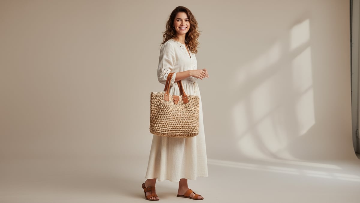 Mulher brasileira sorrindo usando bolsa de crochê artesanal em tons cru e caramelo com alças de couro natural e ferragens douradas, em ambiente com luz natural difusa.