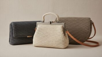 Composição elegante de bolsas de crochê modernas em tons marfim, fendi e grafite sobre fundo de linho claro, incluindo uma doctor bag mini, uma clutch geométrica e uma crossbody meia-lua com alça de couro.