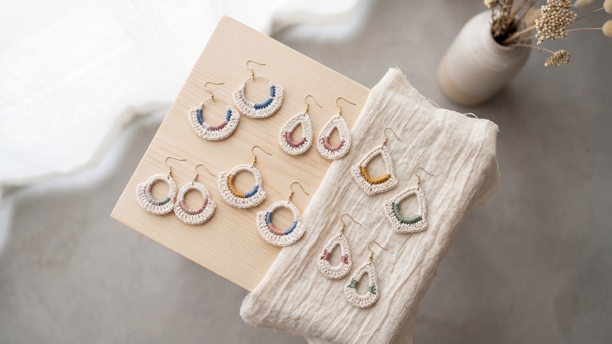 Brincos de crochê artesanal em algodão, cores suaves - composição minimalista vista de cima - Imagem gerada com inteligência artificial, licença paga e uso exclusivo para este conteúdo.