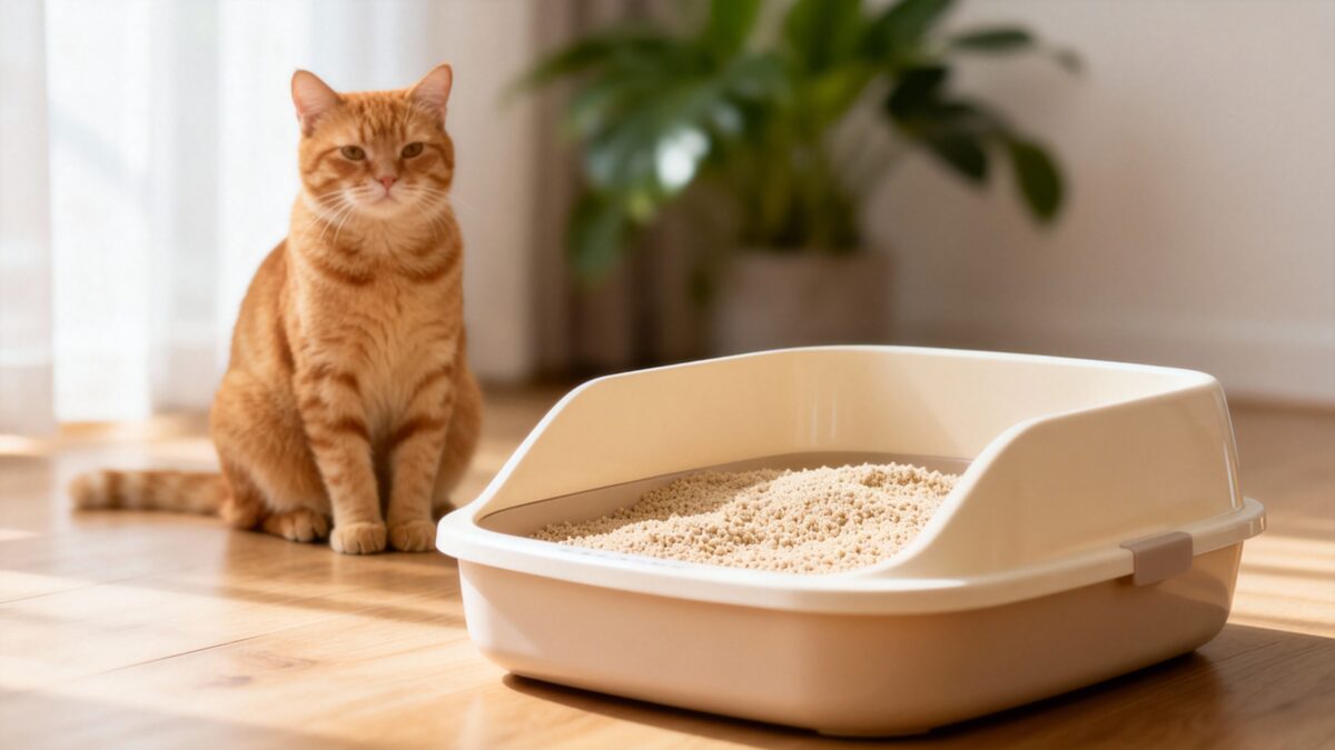 Gato laranja descansando ao lado de uma caixa de areia limpa, com granulado fino e claro, em um ambiente minimalista e iluminado.