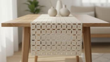 Caminho de mesa de crochê em fio de algodão cru sobre mesa de madeira clara em ambiente com iluminação natural difusa