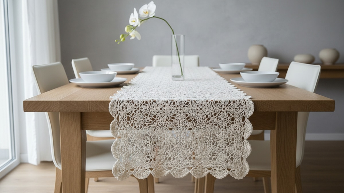 Caminho de mesa em crochê branco off-white sobre mesa de madeira clara, textura refinada com pontos rendados, ambiente sofisticado com louça neutra e luz natural difusa.