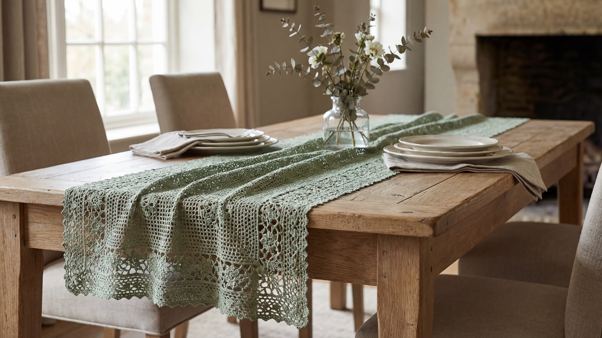 Caminho de mesa artesanal de crochê em algodão verde, estilo delicado e acolhedor, estenicado e acolhedor, estendido sobre mesa de madeira clara em sala de jantar com louça neutra e pequeno vaso decorativo, luz natural difusa destacando a trama suave e desenho rendado.
