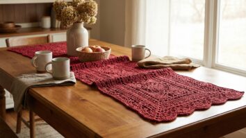 Caminho de mesa em crochê vermelho com trama alongada e desenho delicado, disposto sobre mesa de madeira em cozinha com luz natural difusa.