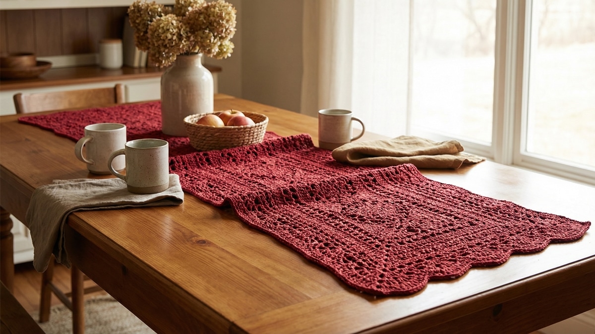 Caminho de mesa em crochê vermelho com trama alongada e desenho delicado, disposto sobre mesa de madeira em cozinha com luz natural difusa.