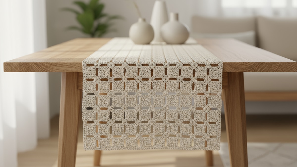 Caminho de mesa de crochê em fio de algodão cru sobre mesa de madeira clara em ambiente com iluminação natural difusa