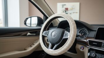 Capa de volante em crochê off-white com design minimalista, textura artesanal sofisticada em ambiente contemporâneo com luz natural difusa e composição elegante.