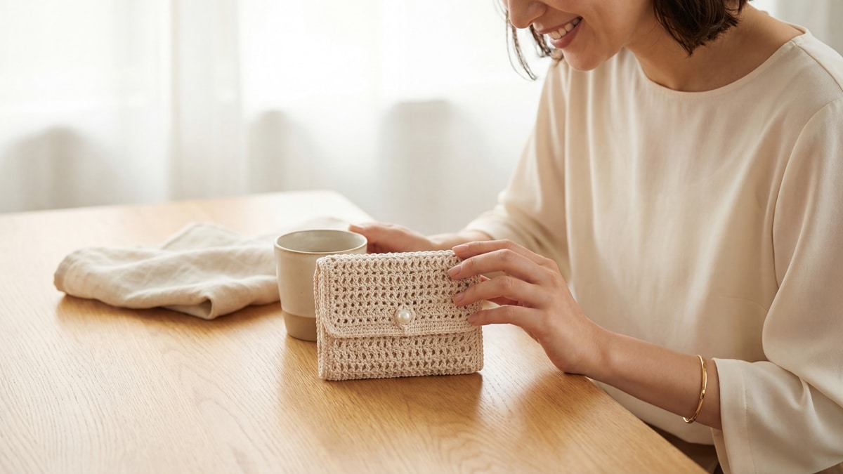 Mulher com carteira de crochê bege claro, ambiente editorial clean com joias minimalistas e madeira clara