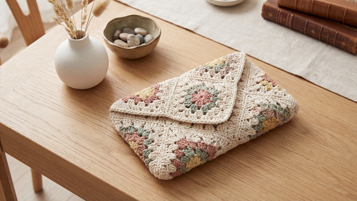 Carteira artesanal de crochê em quadradinhos da vovó com algodão cru e toques coloridos suaves, apoiada em mesa de madeira clara com elementos neutros como cerâmica e vaso pequeno, luz natural difusa destacando a textura dos squares.