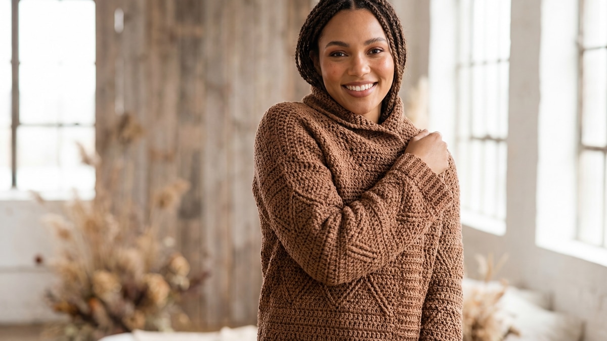 Mulher sorridente usando casaco de crochê artesanal em algodão marrom com gráficos geométricos, em ambiente outono/inverno com luz natural realçando elegância e sofisticação.